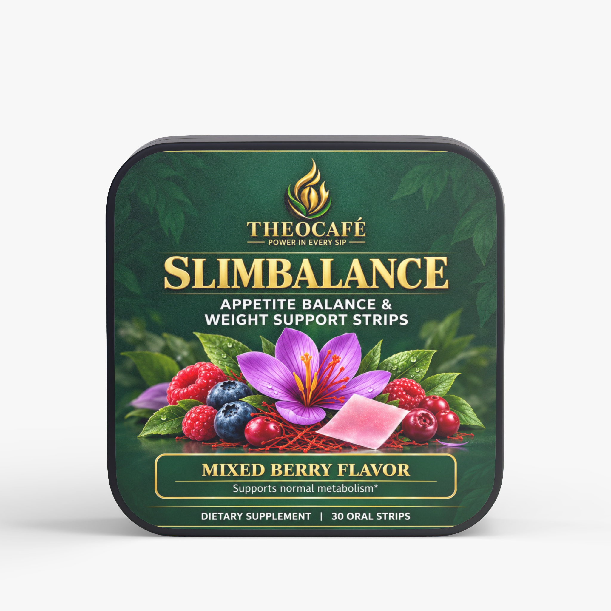 THEOCAFÉ SlimBalance mixed berry oral strips tin with updated Appetite Balance label